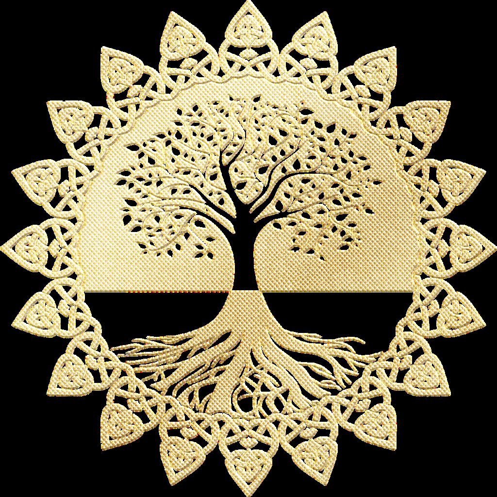 gold foil tree of life, circle around tree, celtic tree