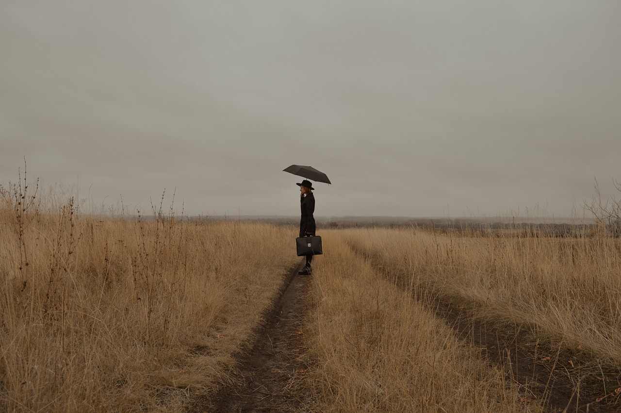 woman, mysterious, field, sad girl, road, meadow, traveler, umbrella, girl, journey, lonely, sad, melancholy, sadness, depression, despair, to drag, frowning, countryside, outdoors, autumn, partly cloudy, gloomily